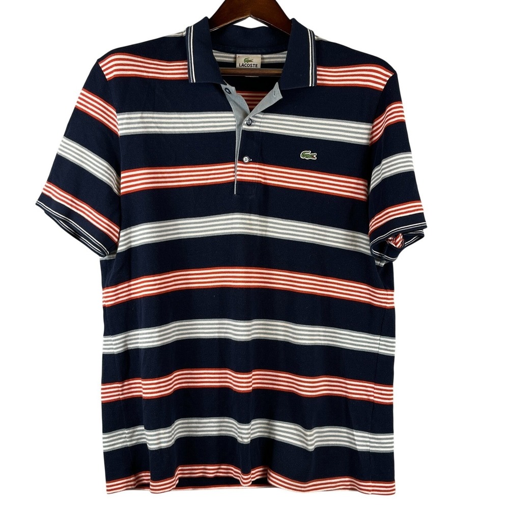 Lacoste Mens XL Striped Polo Shirt Navy Red Cotton Pique Golf Preppy Crocodile